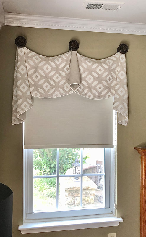 tan and white transitional valance style curtain
