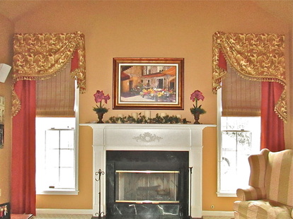 photo of custom moreland valance window treatment with fireplace