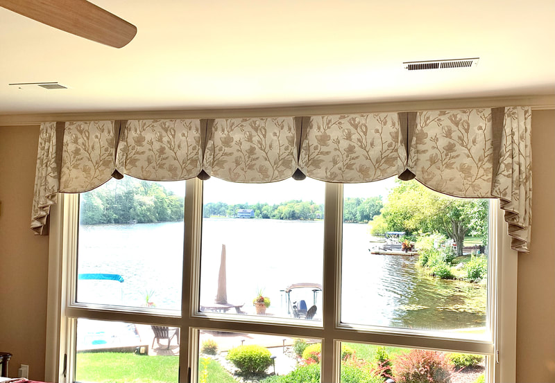 tan and white bedroom floral valance curtain with jabots