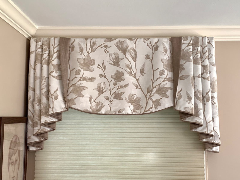 tan and white bedroom valance