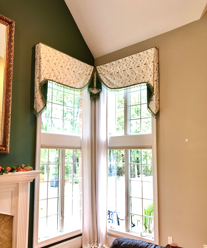 two story valance with curtain and drapery in family room