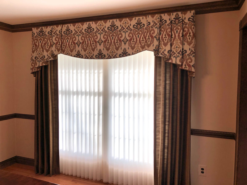 cornice and curtains in dining room, custom window treatments
